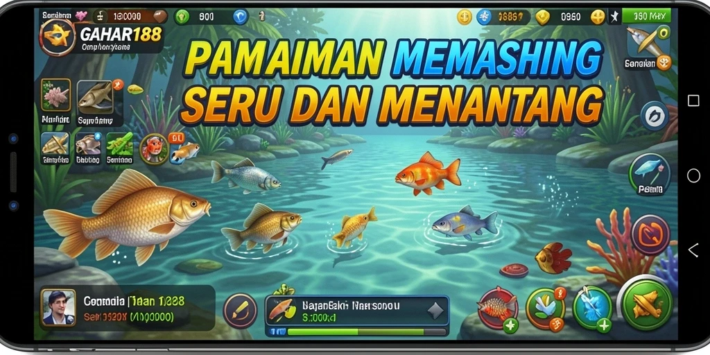 Screenshot utama GAHAR188 menampilkan aksi memancing seru dengan latar belakang indah.