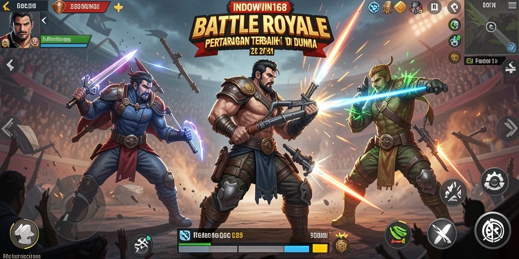 Tangkapan layar gameplay <strong>INDOWIN168</strong> menampilkan aksi pertempuran intens di dunia Battle Royale.