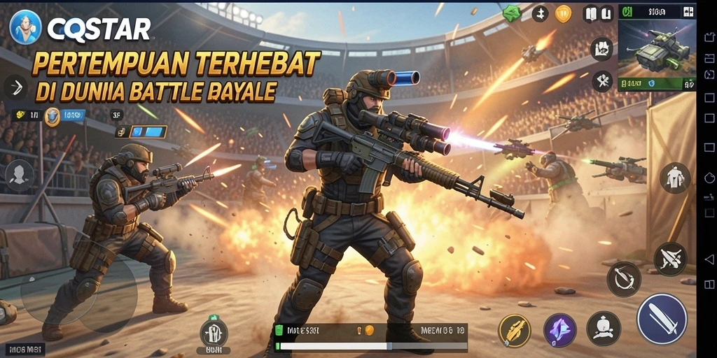 Menampilkan pertempuran intens dalam game Battle Royale QQSTAR.