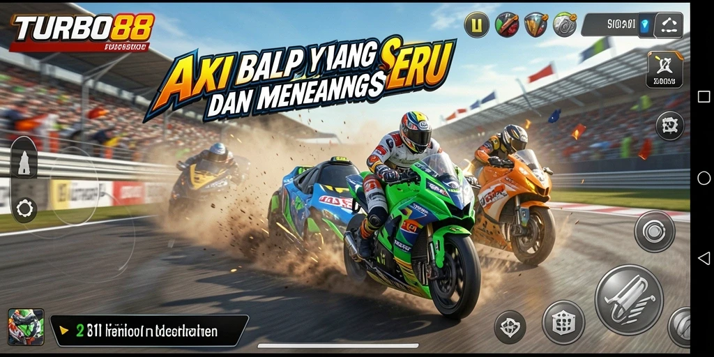 Screenshot gameplay TURBO88 menampilkan aksi balap yang seru dan mendebarkan.
